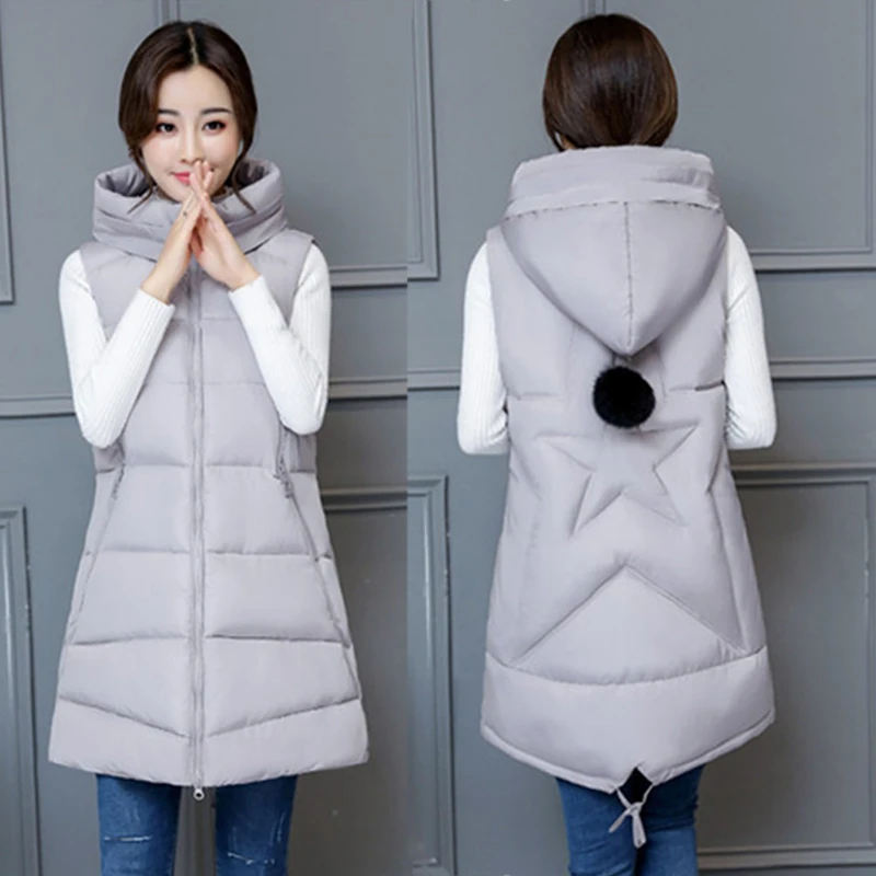 Winter vest women long Casual slim solid Big hood waistcoat vest Autumn sleeveless cotton padded parka coat for female