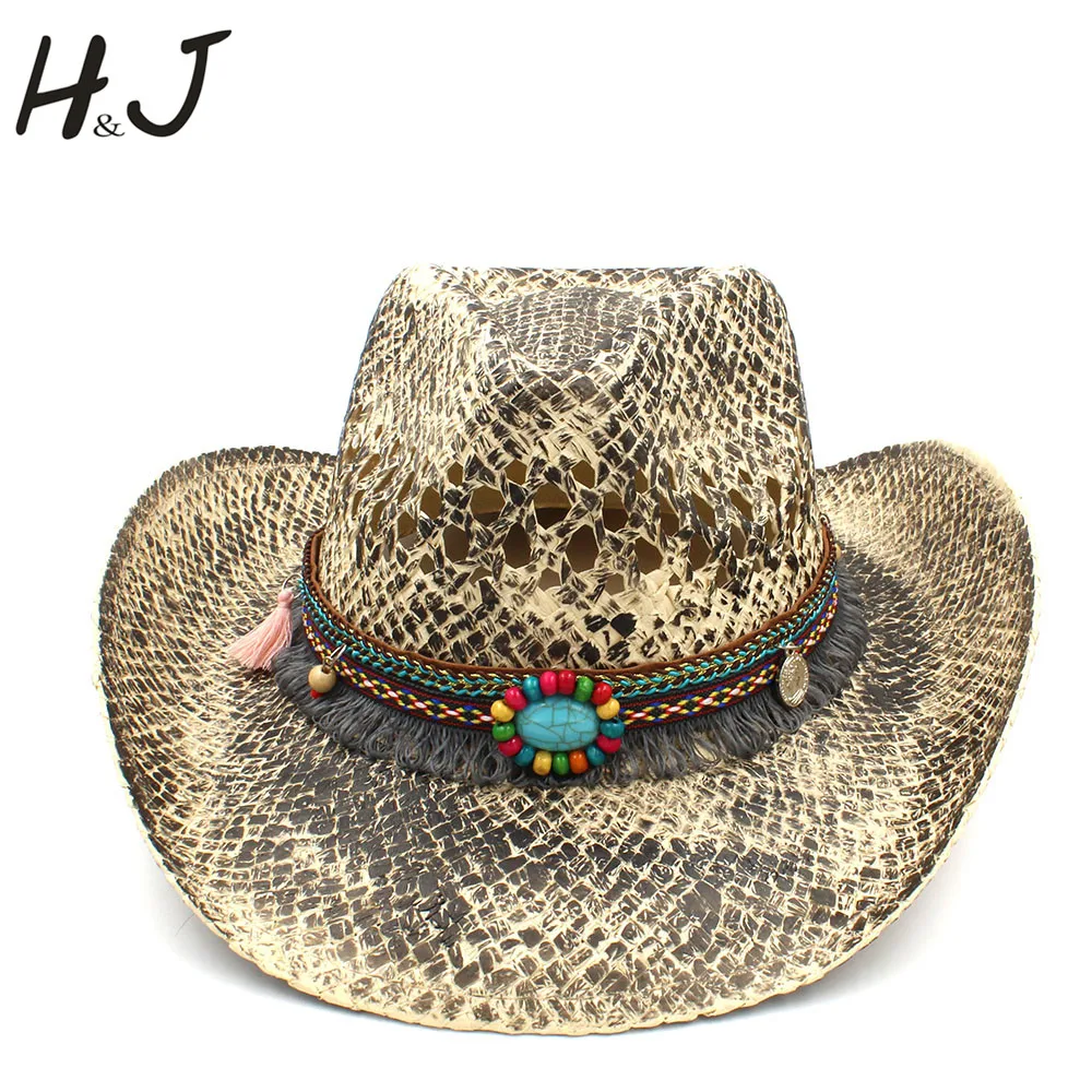 

Women Men Straw Western Cowboy Hat Summer Handmade Weave Lady Sombrero Hombre Cowgirl Caps Bohemian Tassel Ribbon Size 56-58CM