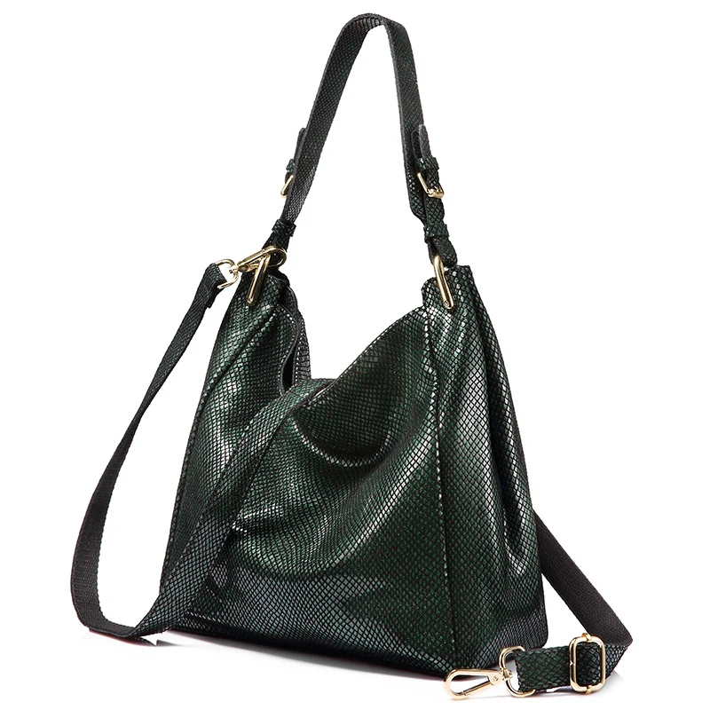 REALER Брендовая женская сумка на плечо из натуральной кожи Женская Дамская Сумочка Хобо большой емкости с змеиные принты дизайн - Цвет: Black Green