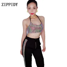 Модный многоцветной мигающий бюстгальтер со стразами, брюки с бриллиантами, женская одежда для выпускного вечера, вечернее шоу, Женский певица, комплект одежды