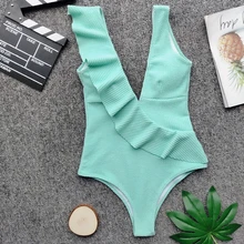 JSY модный однотонный черный купальник с оборками на одну сторону с v-образным вырезом цельный женский купальник Одежда Костюм купальщика Y0073