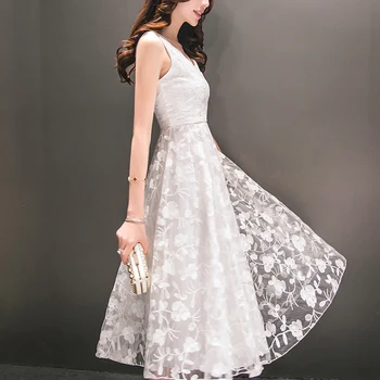 

New Summer Women's Chiffon Long Dress Ladies Floral Embroidered Lace Dresses Girls Sexy Long White Tight Beach Dresses Vestidos