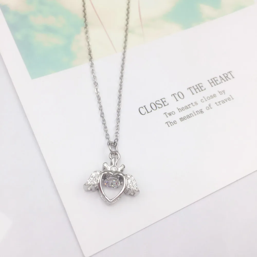 

925 Sterling Silver Necklace Romantic Angel Wing Pendant Zircon Love Heart Necklaces Women Fashion Jewelry Collar