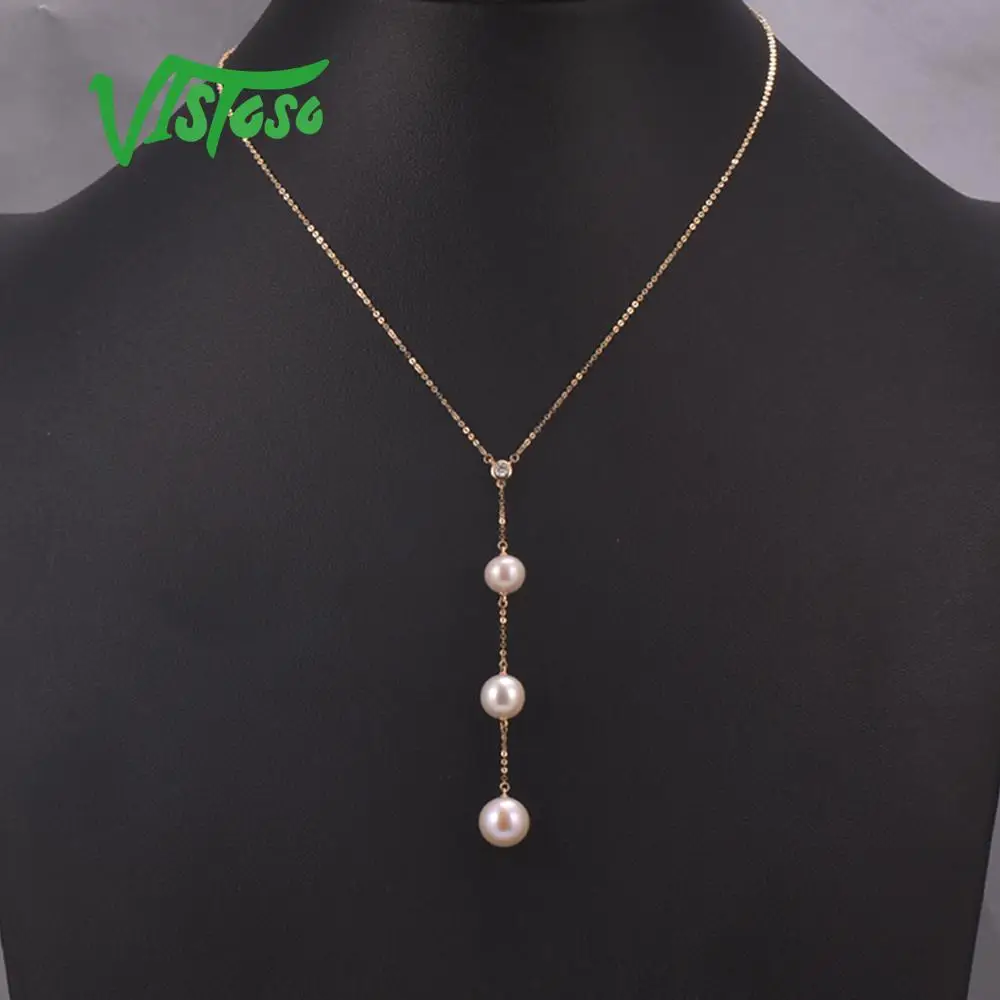 VISTOSO золотое ожерелье для женщин, Настоящее 14 к 585 розовое/белое/желтое золото, пресноводное белое жемчужное бриллиантовое ожерелье, хорошее ювелирное изделие