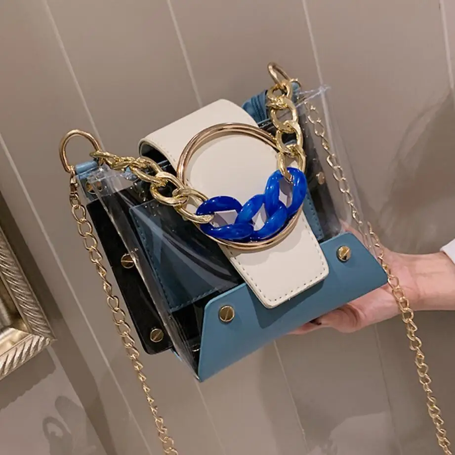 

Transparent Jelly Bucket Tote bag 2019 Summer New High Quality PVC Women's Designer Handbag Lock Chain Shoulder Messenger Bag