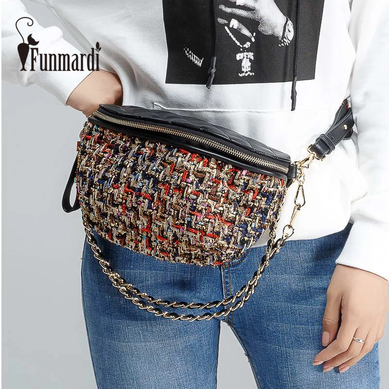 FUNMARDI New Color Fiber Knit Women Waist Pack Designer Fanny Pack PU Leather Waist Bag Fashion Bum Bag Female Bag Belt WLAM0070 FUNMARDI New Color Fiber Knit Women Waist Pack Designer Fanny Pack PU Leather Waist Bag Fashion Bum Bag Female Bag Belt WLAM0070