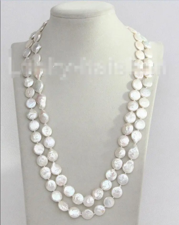 

Hot sale new Style >>>>>length 48" 12mm coin fastener white freshwater pearls necklace j10386
