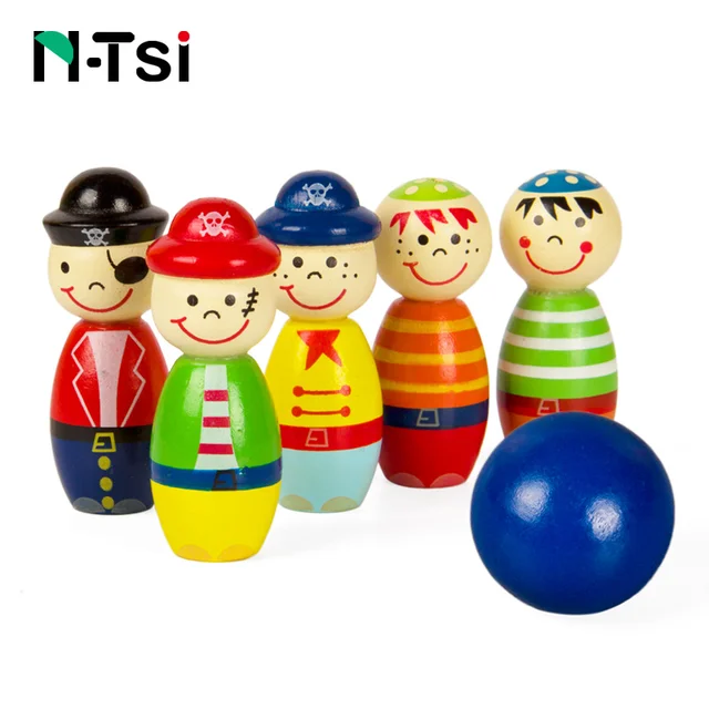 Best Price 6PCS Pirates Wooden Doll Set Mini Bowling Figures Indoor Toy Kids Ball Fun Development Game Educational Toys for Children Gift