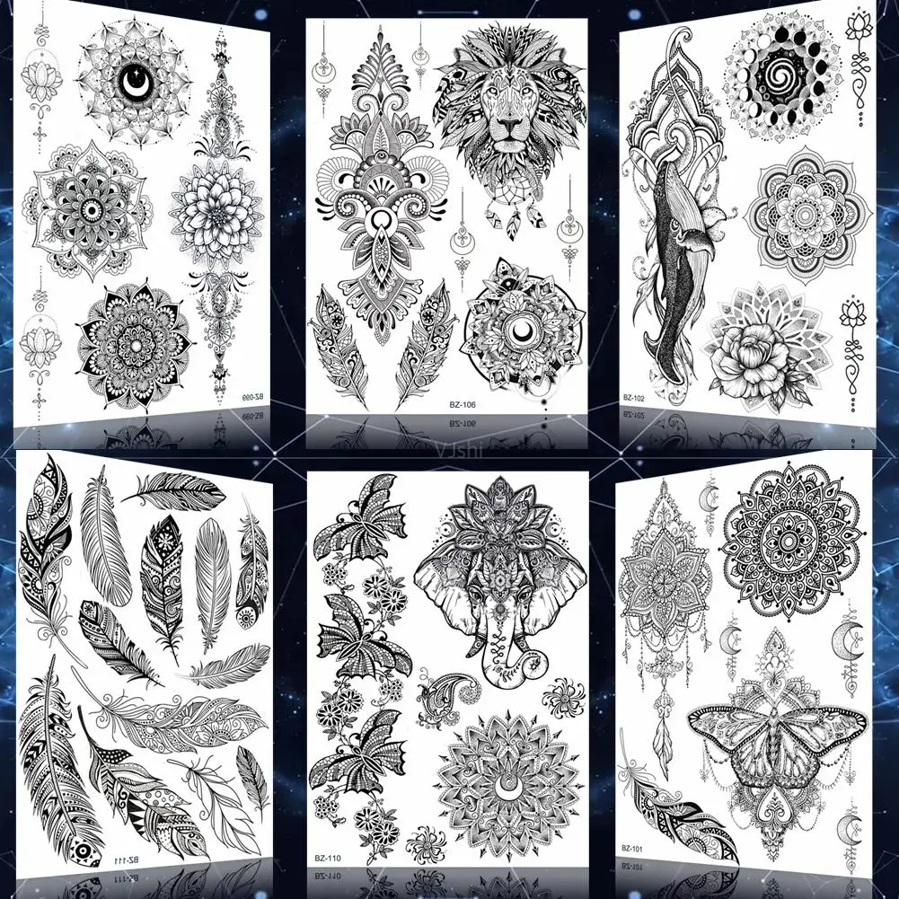 

Butterfly Lion Floral Waterproof Tattoos Stickers Genasha Elephant Fake Tattoos For Women Female Girl Temporary Black Lace Tatoo