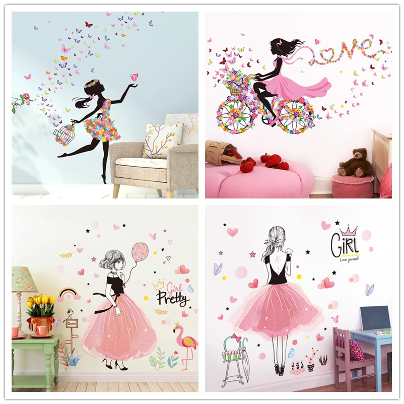

[shijuekongjian] Fairy Girl Wall Stickers Vinyl DIY Butterflies Flowers Mural Decals for House Kids Room Baby Bedroom Decoration