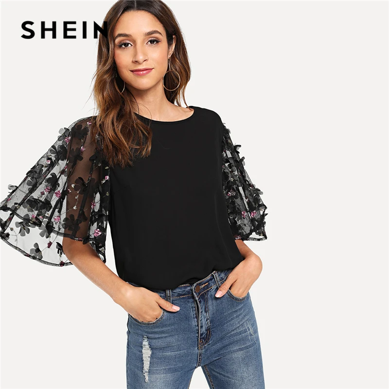 Aliexpress.com : Buy SHEIN Flower Applique Mesh Sleeve Top