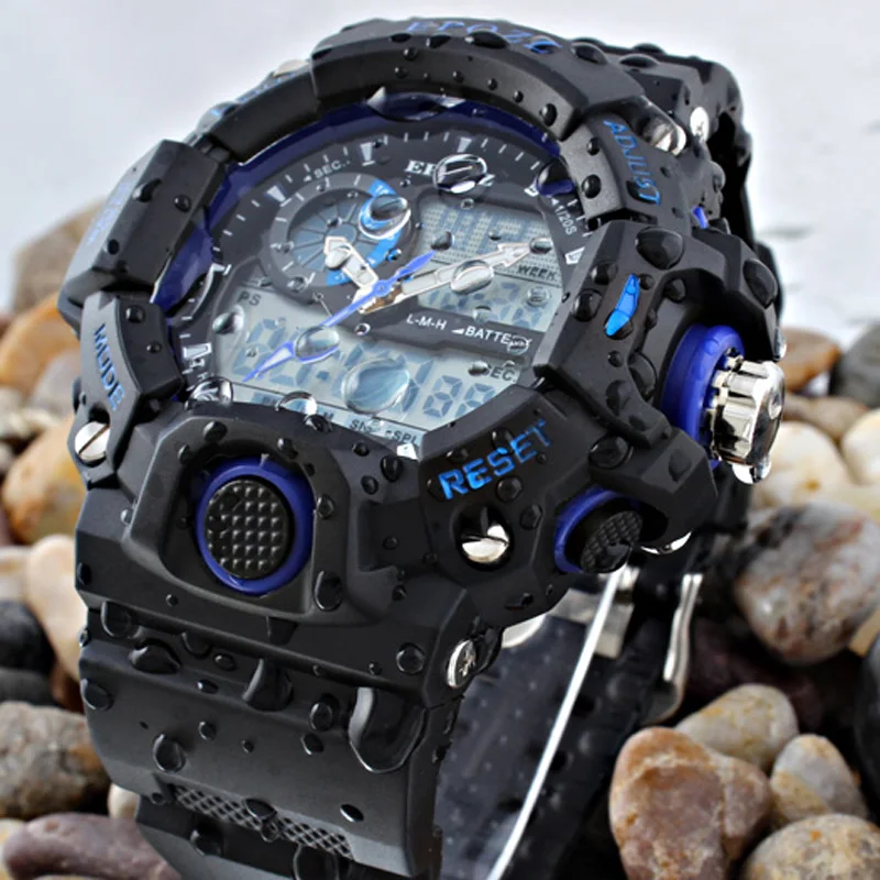 

EPOZZ Male Digital Sports Watch Men G Style Rubber Strap waterproof Shock Resistant Watch Big Dial Alarm relogio masculino