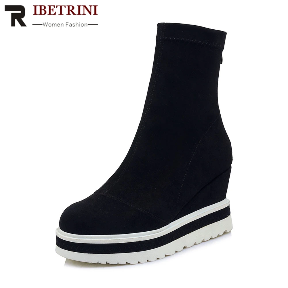 RIBETRINI Brand New women's Genuine Leather Ladies Wedges High Heels Platform Shoes Woman Casual Soft Autumn Ankle Boots