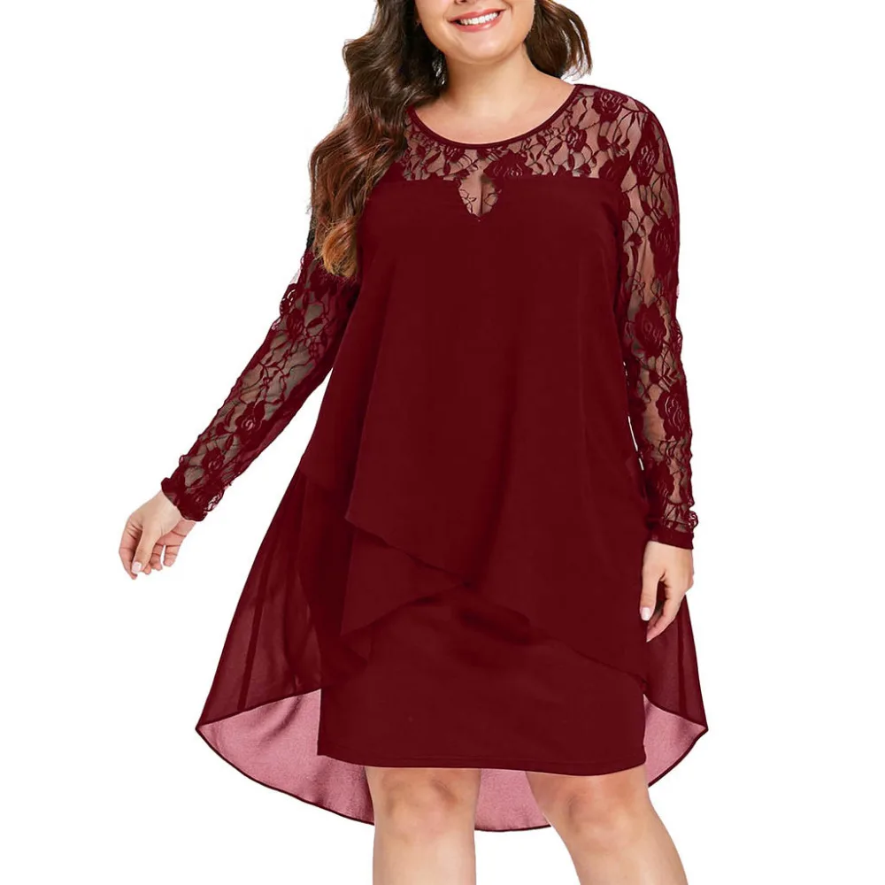 Fashion Women Casual Plus Size Sheer Lace Sleeve High Low Hem O-Neck Swing Dress