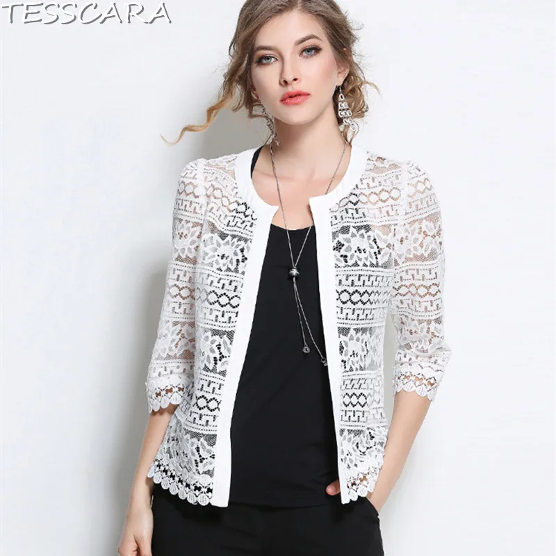 

TESSCARA Summer Women Sweet Lace Basic Jacket Coat Female Fashion White & Black Jackets Bomber Outerwear & Coats Plus Size L-5XL