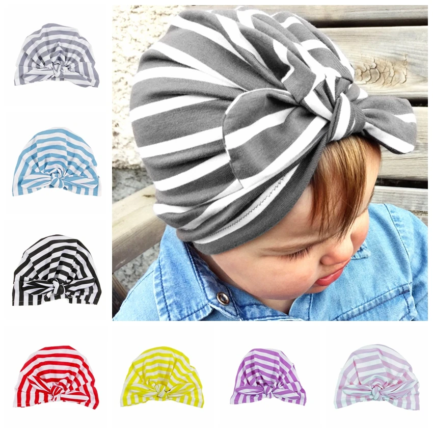 Nishine 10pcs/lot Striped Bowknot Girl Cap Beanie Spring Autumn Newborn Turban Kids Hats Hair Accessories Birthday Gift |