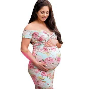 

Summer New Fashion Women Pregnant Off Shoulder Photography Props Nursing Boho Chic Print Long Dress Wholesale Free Ship Z4