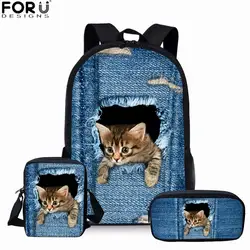 FORUDESIGNS/детские школьные сумки для девочек, милый Джинсовый Рюкзак для кошек и собак, Детский комплект школьных сумок для начальной школы