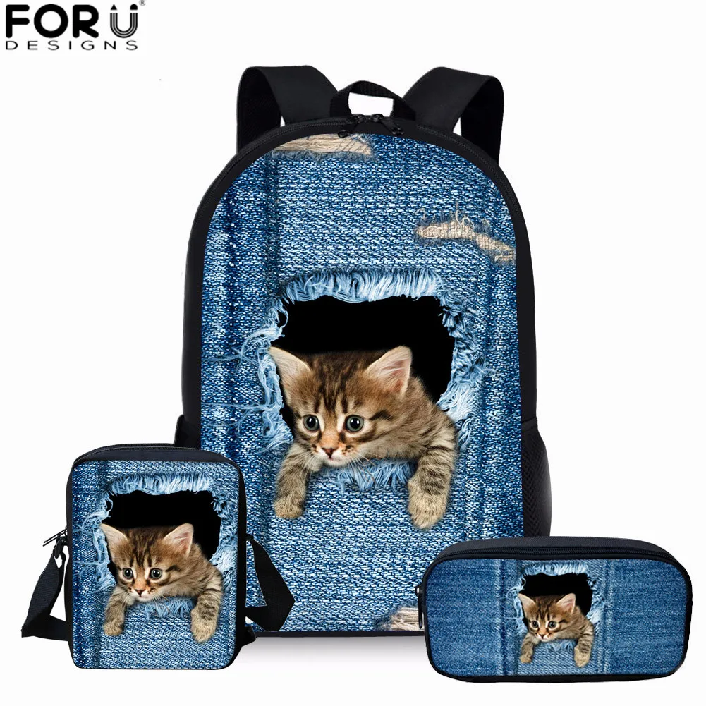 FORUDESIGNS Kids Schoolbags Girls Cute Denim Cat Dog Backpack Children School Bag Set for Primary Student Book Bags Mochila | Багаж и
