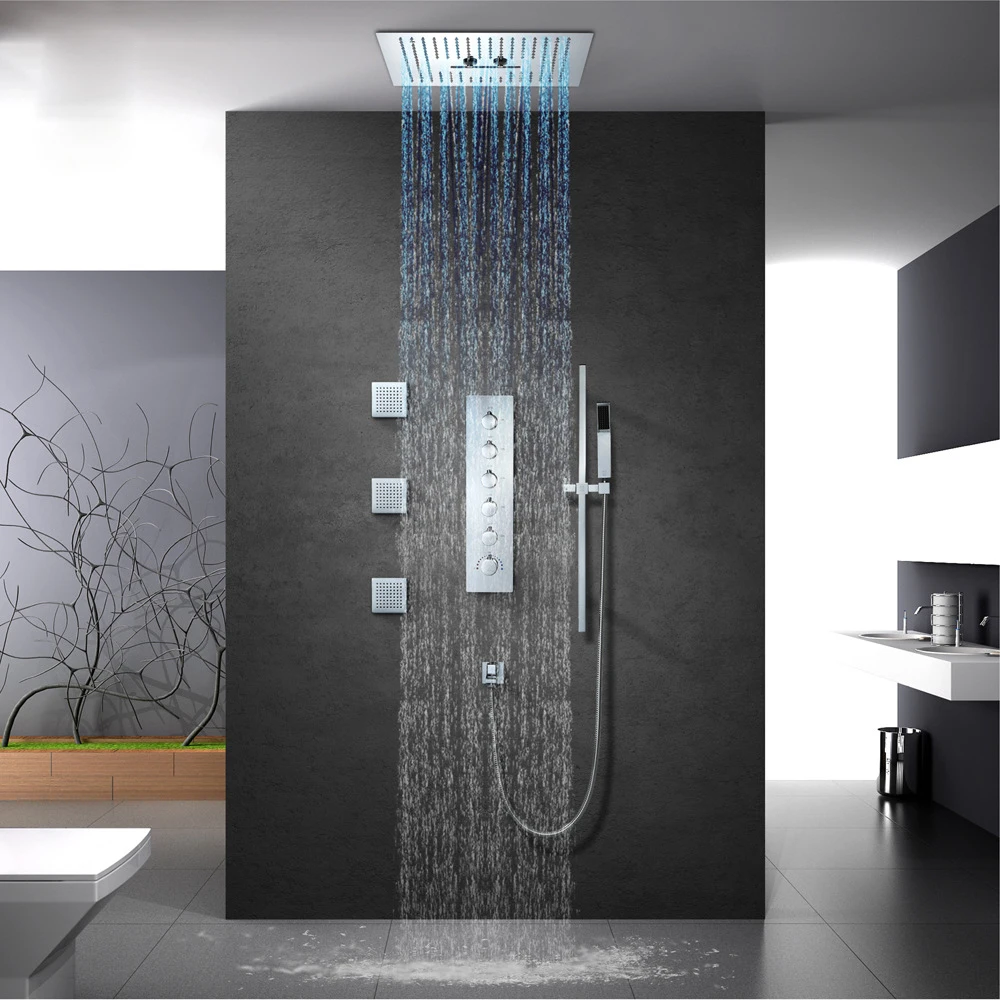 Luxury Bathroom Shower Faucet Set 16 Inch Rain Showers LED Light Embedded Ceiling Thermostatic Valve Waterfall Showerhead Misty Luxury Bathroom Shower Faucet Set 16 Inch Rain Showers LED Light Embedded Ceiling Thermostatic Valve Waterfall Showerhead Misty