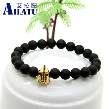 

Ailatu 10pcs/lot 8mm Black Matte Onyx Stone Fashion Roman Warrior Helmet Micro Pave Black CZ Spartans Bracelets