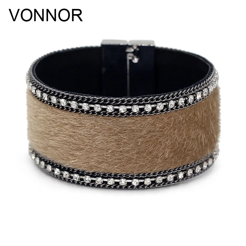 VONNOR Jewelry Women Plush Leather Magnetic Clasp Bangles Bracelets, White, Black,Green, Brown