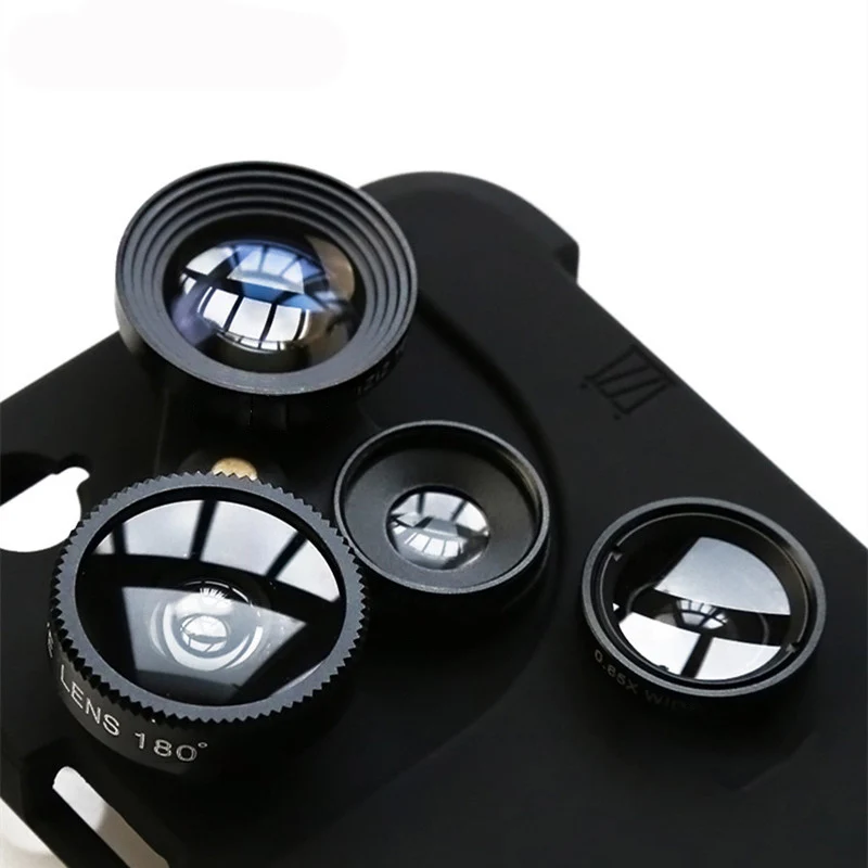 OTAO 4 in 1 Mobile Phone Lensese Cases Full Coverage For iPhone X 8 7 6S 6 Plus Wide Angle Macro Fisheye Phone Lenses Black Case