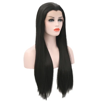 JOY&BEAUTY 22-28 Inch Long Silky Straight Black Synthetic Lace Front Wig Glueless Heat Resistant Fiber For Black White Women Wig 4