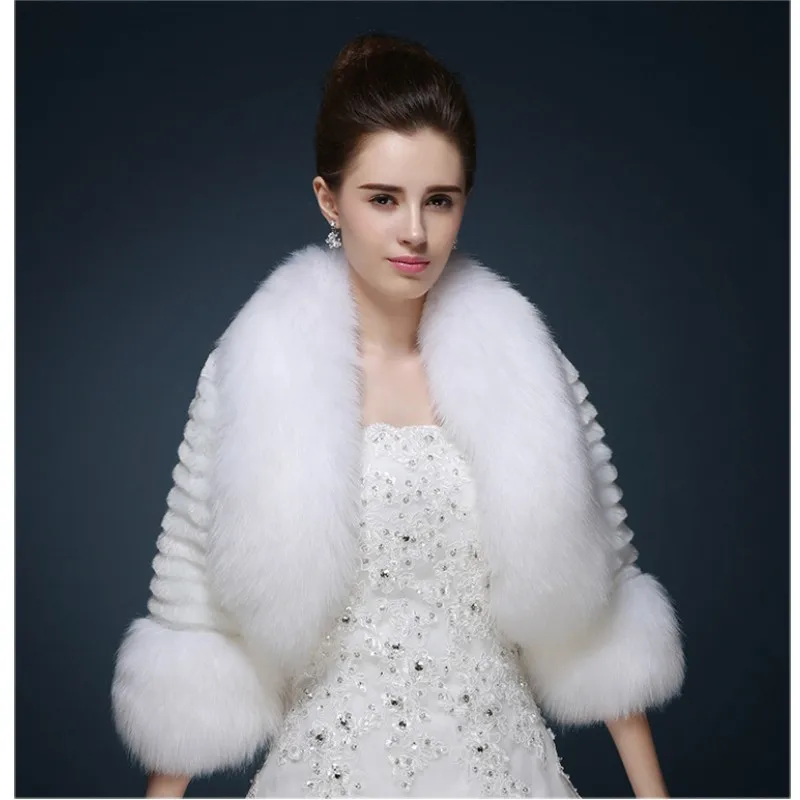White Faux Fur Bridal Wrap Shrug Bolero Long Sleeve Coat Bridal Shawl ...