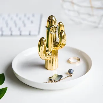 

Scandinavian Ceramic Jewelry Storage Tray Creative Mini Gold Cactus Ring Rack Plate Nordic Necklace Bracelets Organizer Trays