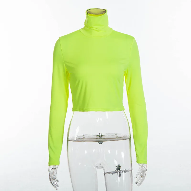 BOOFEENAA укороченный топ с высоким воротом, рубашка с длинным рукавом, женские зеленые облегающие топы, зимние неоновые яркие цвета, повседневные футболки, C55-H64