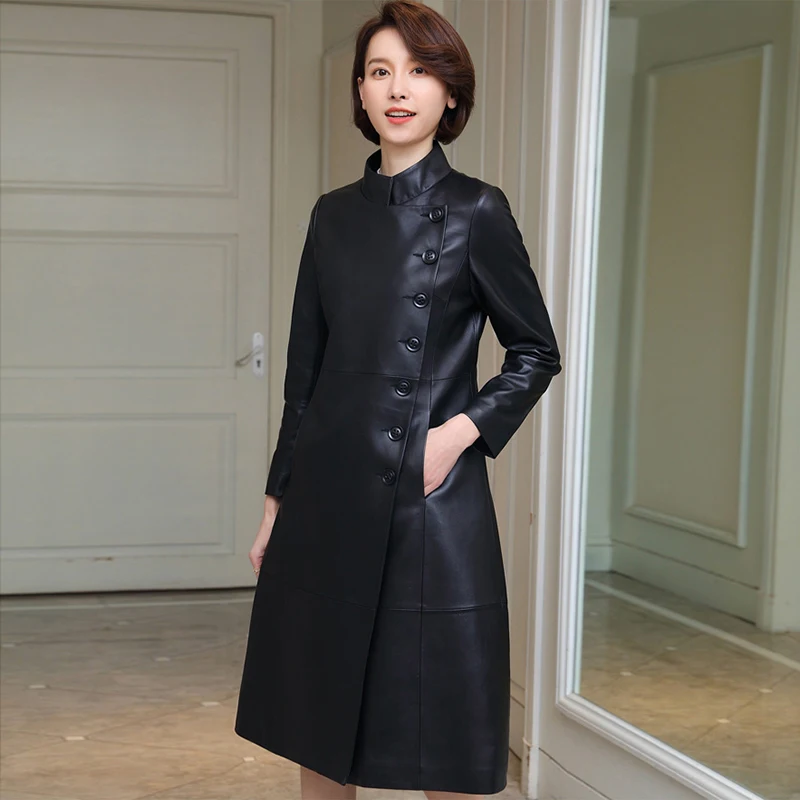 

Genuine Leather Trench Coat Women Real Sheepskin Windbreaker Stand Collar Long Sleeve Leather Coat gl0132