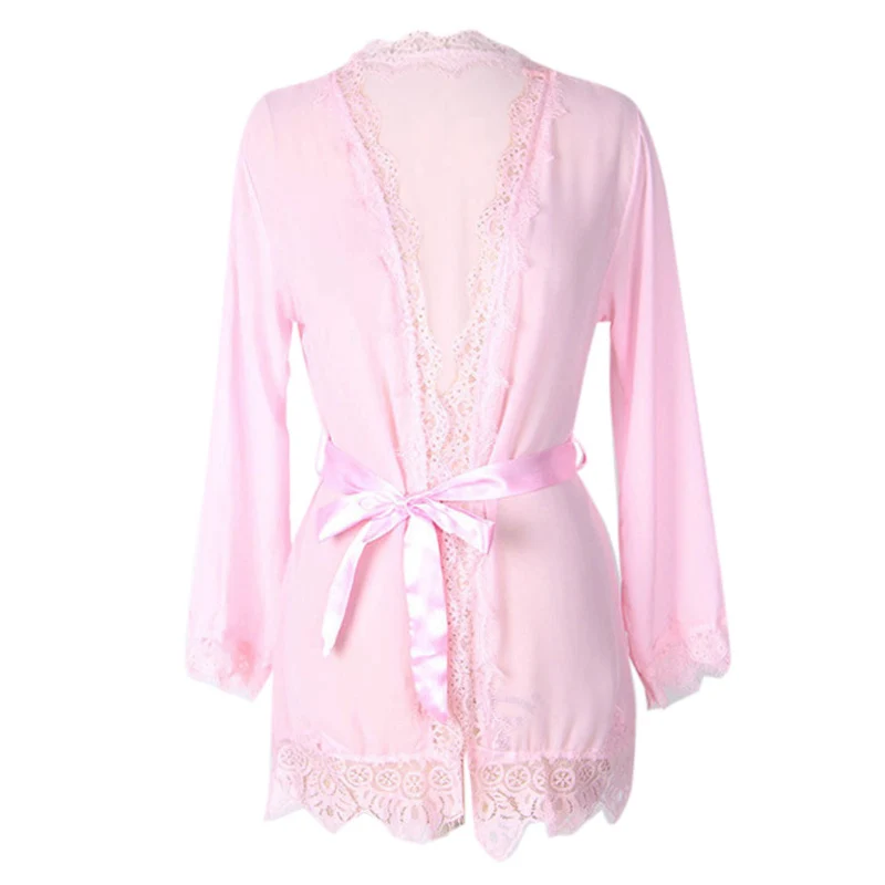 Женская пижама набор ресниц кружевной халат Прозрачная сетка кимоно пеньюар сексуальное нижнее белье W729 - Цвет: Розовый