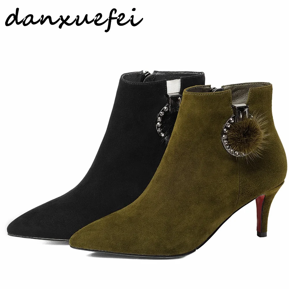 

Plus Size Women's Genuine Suede Leather Sexy Red Bottom Ankle Boots Brand Designer Pointed Toe Med Heel Comfortable Shoes Women