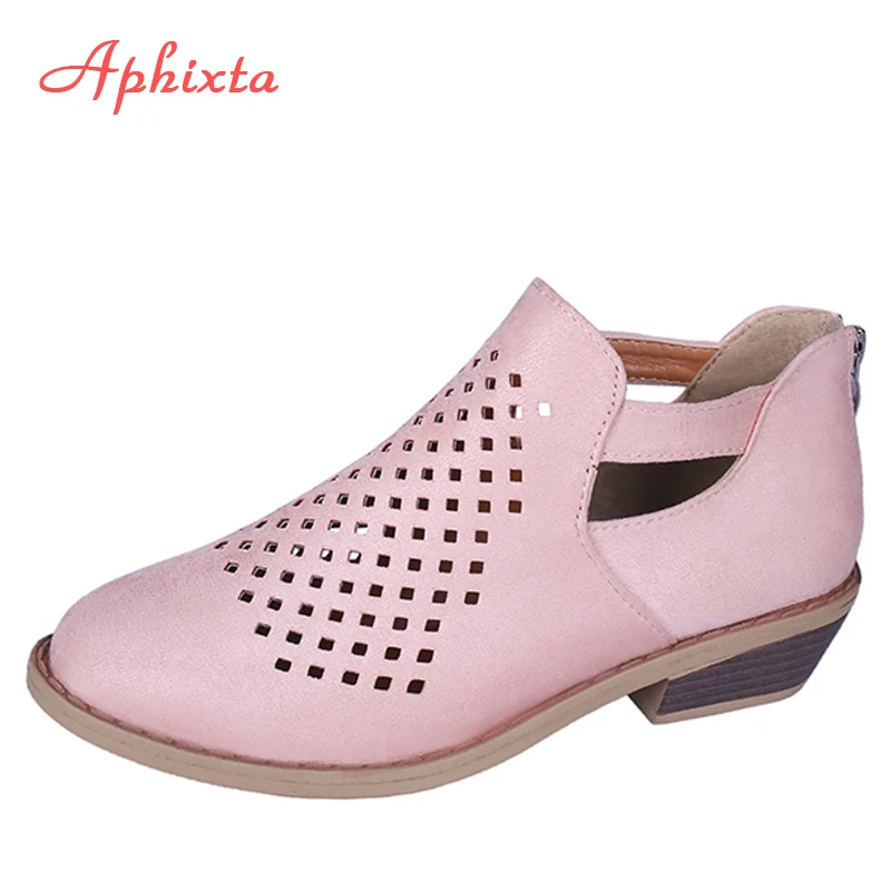 Aphixta/весенне-летняя обувь; женские туфли-лодочки; Босоножки с открытым носком; женские ботильоны на молнии с квадратным массивным каблуком; женские сандалии; большой размер 43 - Цвет: Pink