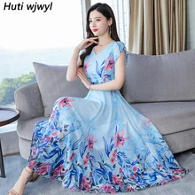 Синее шифоновое платье миди в цветочек, летнее винтажное пляжное платье размера плюс 3XL с принтом, элегантные женские облегающие вечерние платья