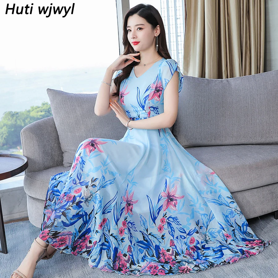 blue floral chiffon dress