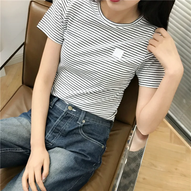

Spring and Summer Preferential Long-staple Cotton Texture Nordic Fine-striped Slim T-shirt Woman Clothes 2019
