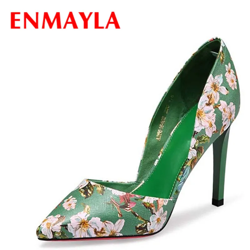 

ENMAYLA Women Retro High Heels Printing Flowers Pumps Women Black Green Pointed Toe Shoes Woman Summer Lady Floral Derss Shoes