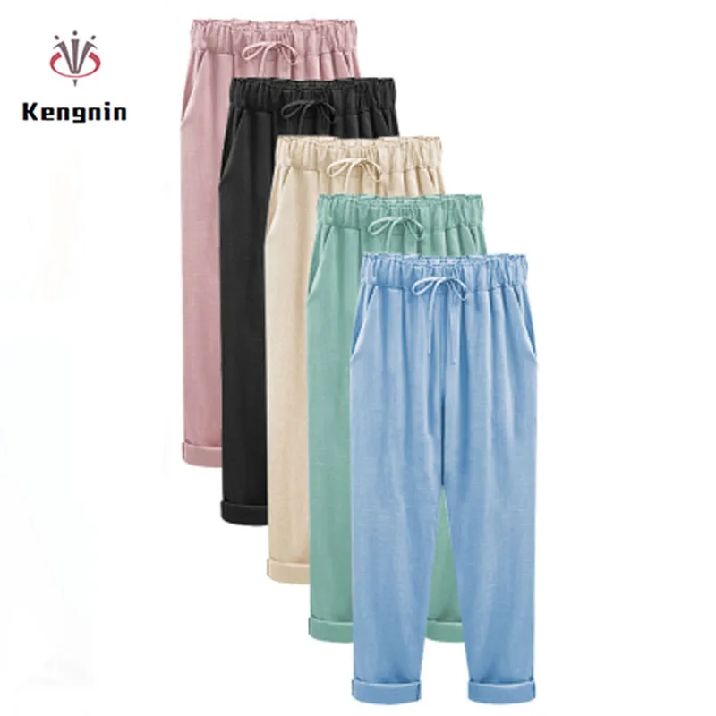 

2019 Summer European Style Plus Size XL- 6XL Women Trousers Cotton Linen Ladies Thin Haren Pants Drawstring Anklet Length Capris
