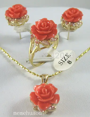 

Rare Fashion Pink Rose flower Pendant Earring Ring Set Wholesale Plated gold Jewelry silver hook