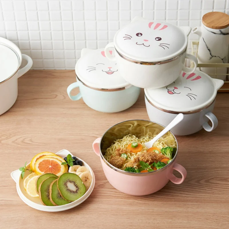 

Cartoon Stainless Steel Instant Noodle Bowl Cute Cat Noodle Bowl With Lid Large Bowl Student Lunch Box With Chopsticks Set