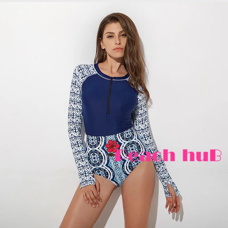 Sport Swimsuit Blue Bathing Suit One Piece Long Sleeve Swimsuit for Women Spf Surf Women Rashguard Vintage Floral Swimwear  (5)