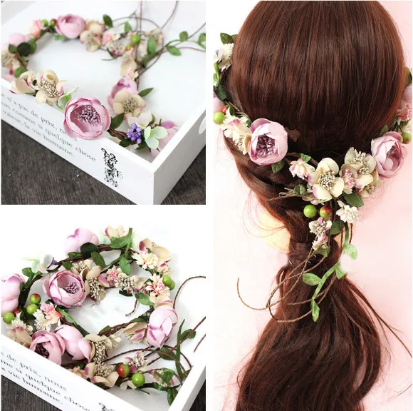 Kopen Bloem Krans Meisje Hoofd Rose Crown Bruids Haaraccessoires Bruiloft Hoofdband Party paars Bloemen slingers Verstelbare