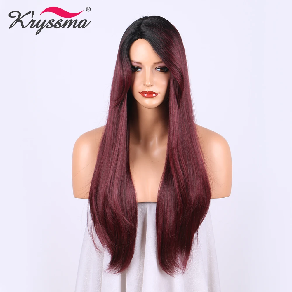 Красное вино синтетические парики волос для Для женщин Ombre парик с черными корни бордовый длинный прямой парик 20 дюйм(ов) жаропрочных