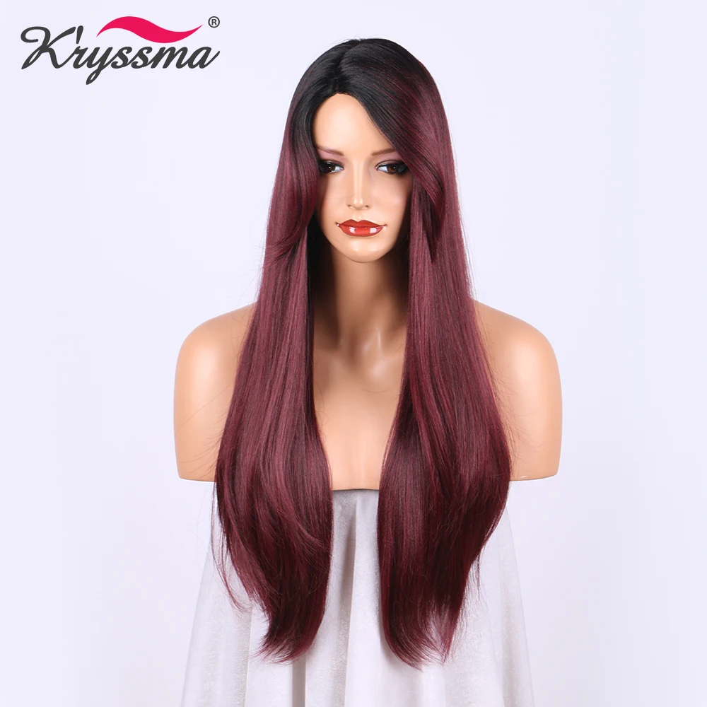 

Red Wine Synthetic Hair Wigs for Women Ombre Wig with Black Roots Burgundy Long Straight Wig 20 Inches Heat Resistant Fiber