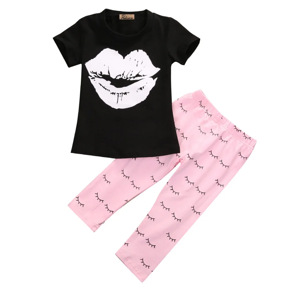 Nuevos conjuntos de ropa de chica superior lindos labios rosas amor camiseta de manga corta pantalones Niñas Conjunto 2 piezas - AliExpress Madre y niños