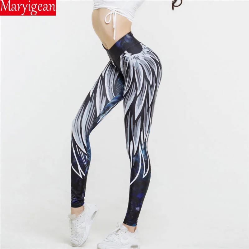

Maryigean 201 New Angel Wings Printing Leggings Push Up Hip Elastic High Waist Fitness Legging Breathable Slim Sprots Pants