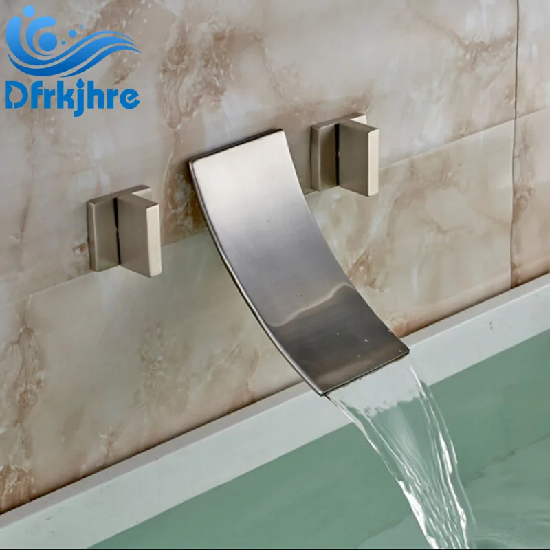 

Wall Mounted Double Thin Handles Bathroom Basin Faucet Nickel Brushed Sink Mixer