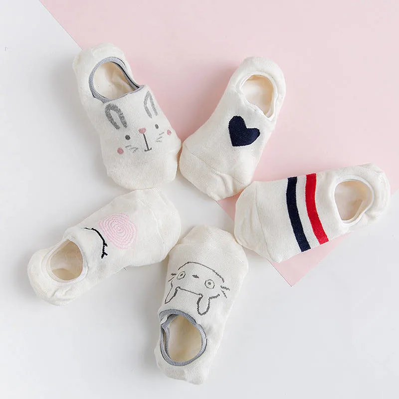 

5 pairs Women's Short Socks Cute Lovely white cartoon Sweet Cotton Women Socks Casual Women Ankle Socks Funny Socks Female